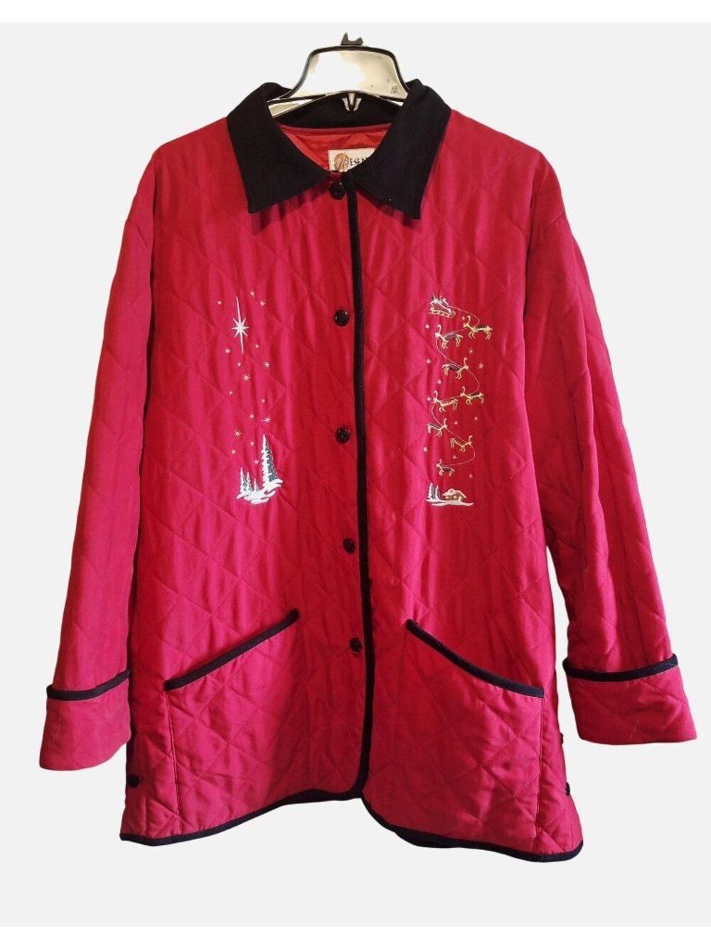 Quilted Red Jacket With Holiday Embroidery Black Trim Button Front Desert Heat X